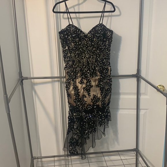 Black Lace Asymmetrical Gem Covered Dress with Nude Underlay - Picture 1 of 8